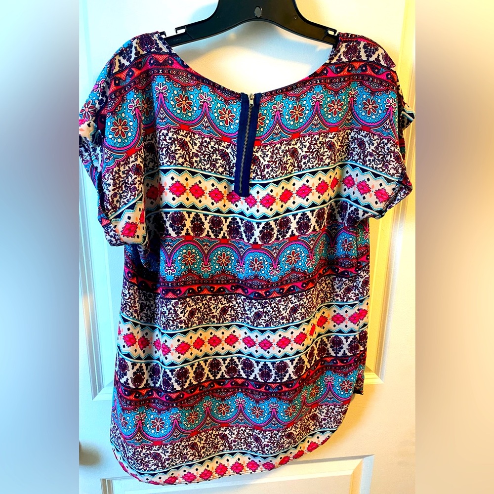 Pink Rose Multicolored Blouse Patterned Short Sleeve Top